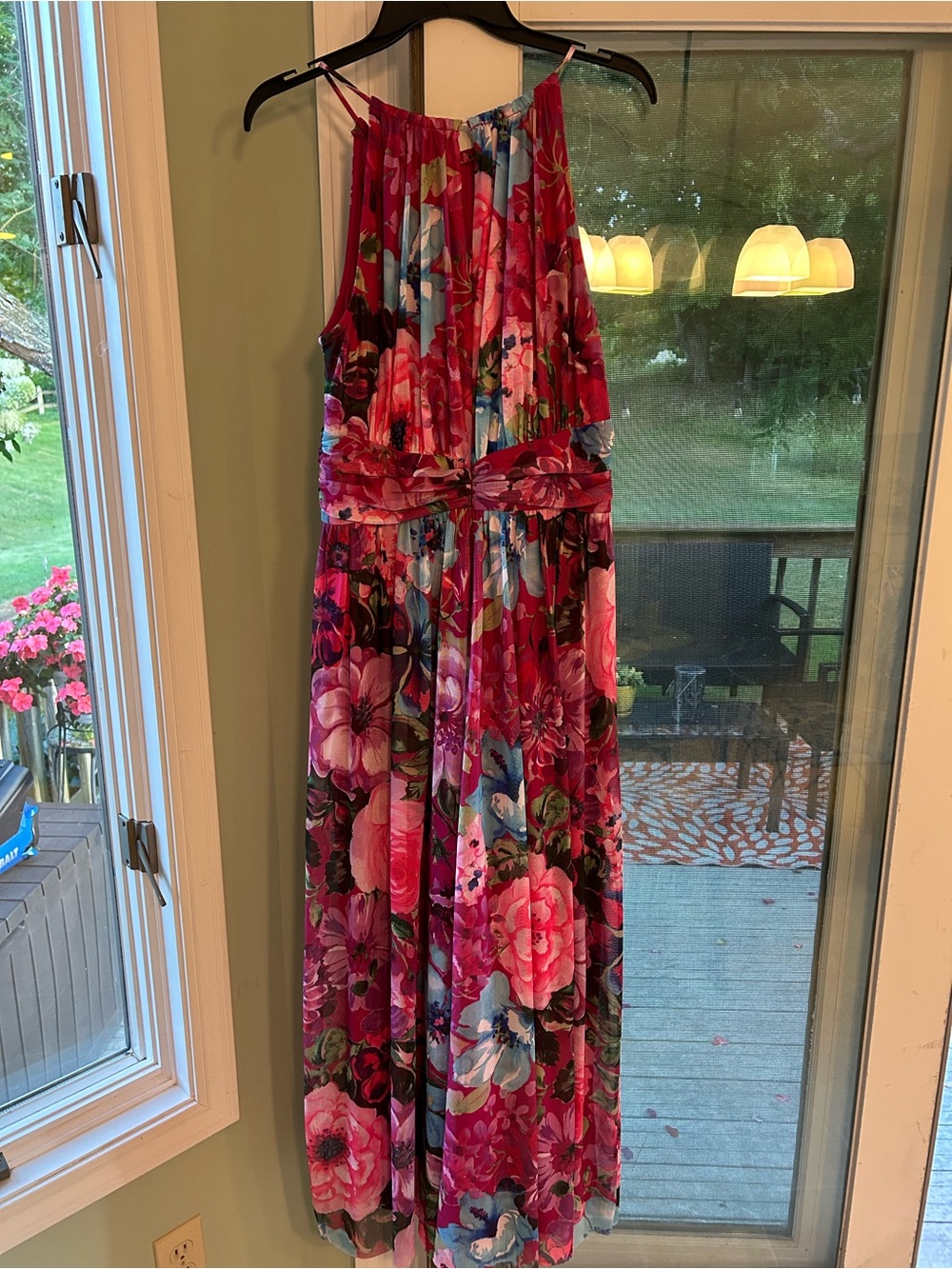 London Times Pink Floral Maxi Dress with Blue Accents